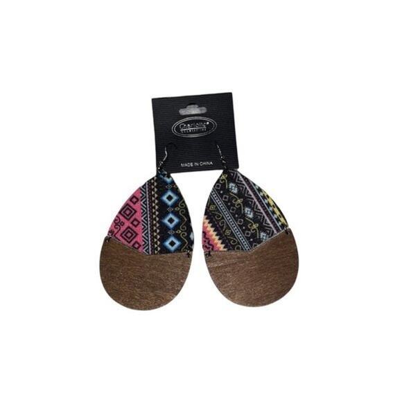 NWT Wooden Fabric Covered Boho Aztec Dangle Earrings Pink Black Blue - Picture 1 of 5